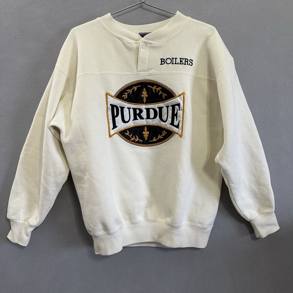 VTG Purdue Boilers Crewneck Henley Sweatshirt Cream Embroidered Size Large